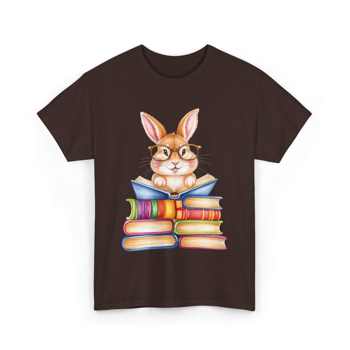 Cute Reading Bunny Books Reader T-Shirt - Dark Chocolate