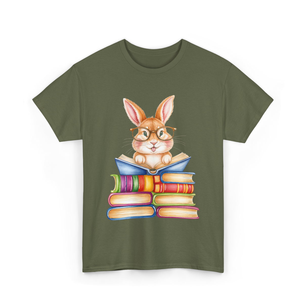 Cute Reading Bunny Books Reader T-Shirt - Military Green