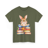 Cute Reading Bunny Books Reader T-Shirt - Military Green