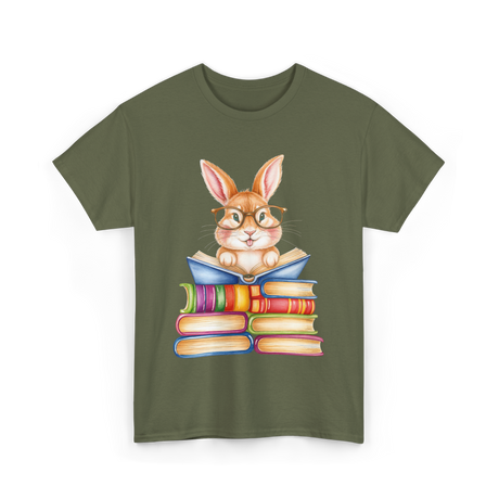 Cute Reading Bunny Books Reader T-Shirt - Military Green