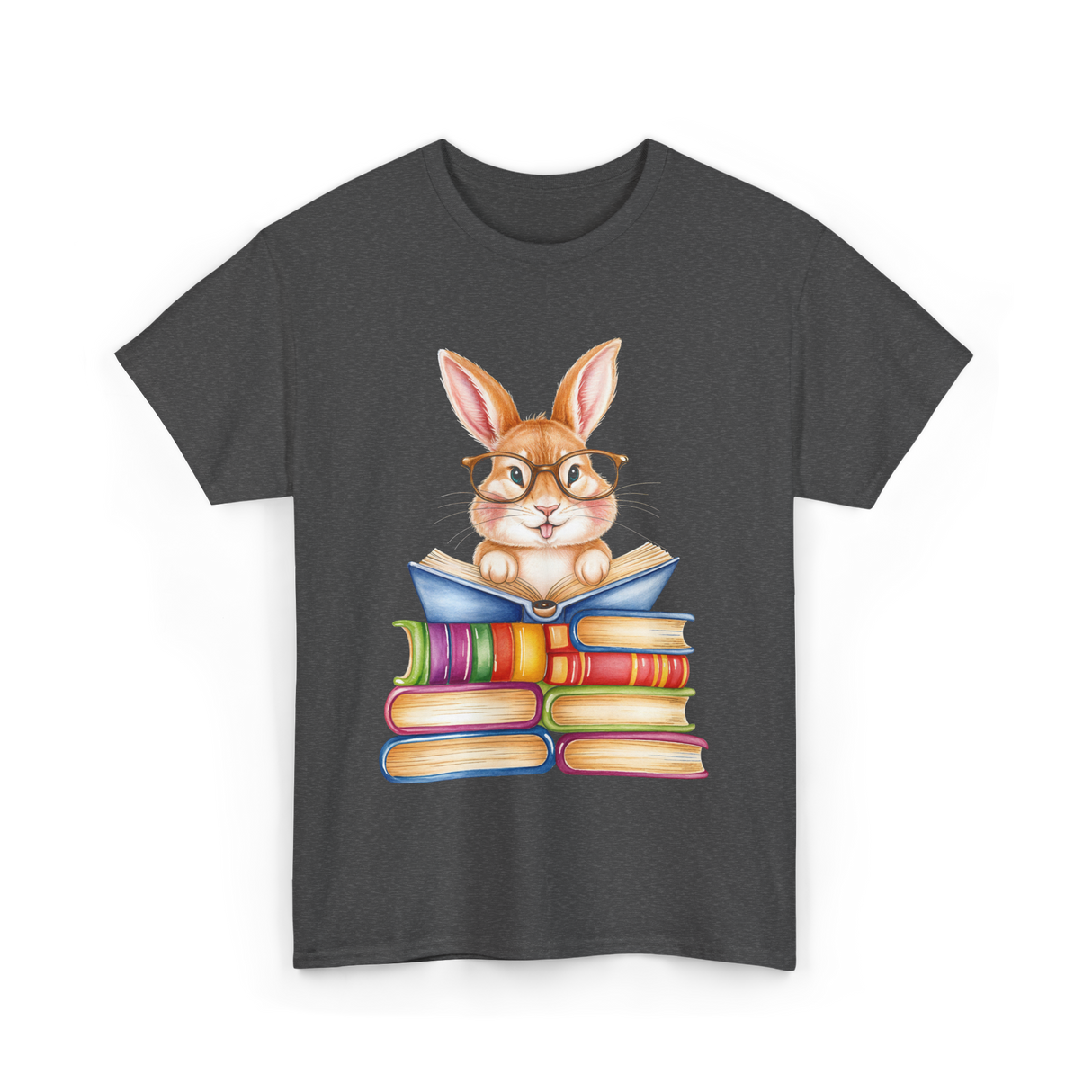 Cute Reading Bunny Books Reader T-Shirt - Dark Heather