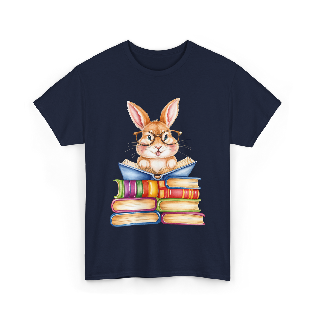 Cute Reading Bunny Books Reader T-Shirt - Navy