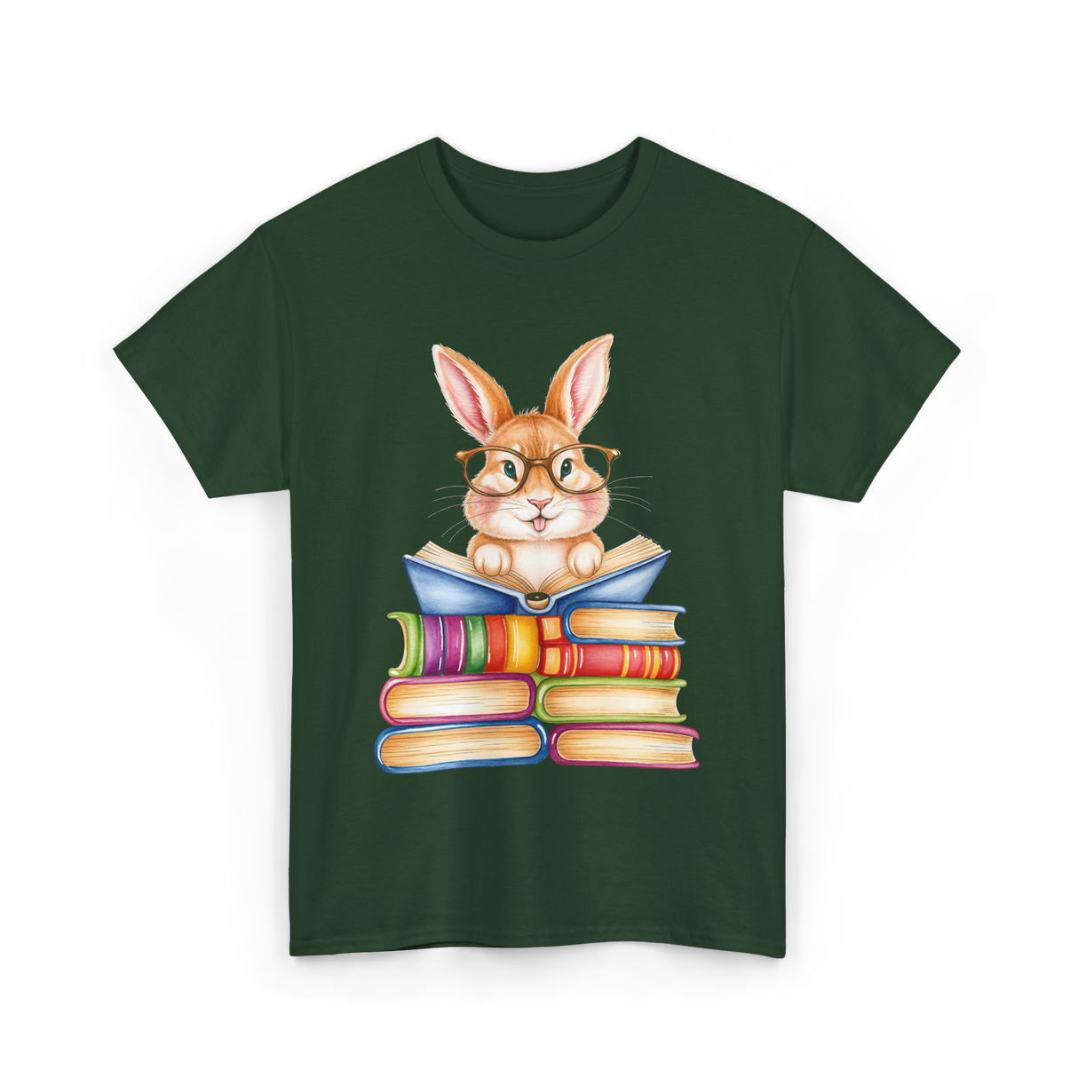 Cute Reading Bunny Books Reader T-Shirt - Forest Green