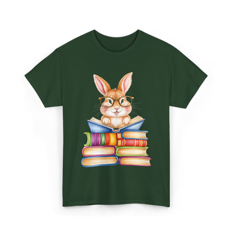 Cute Reading Bunny Books Reader T-Shirt - Forest Green