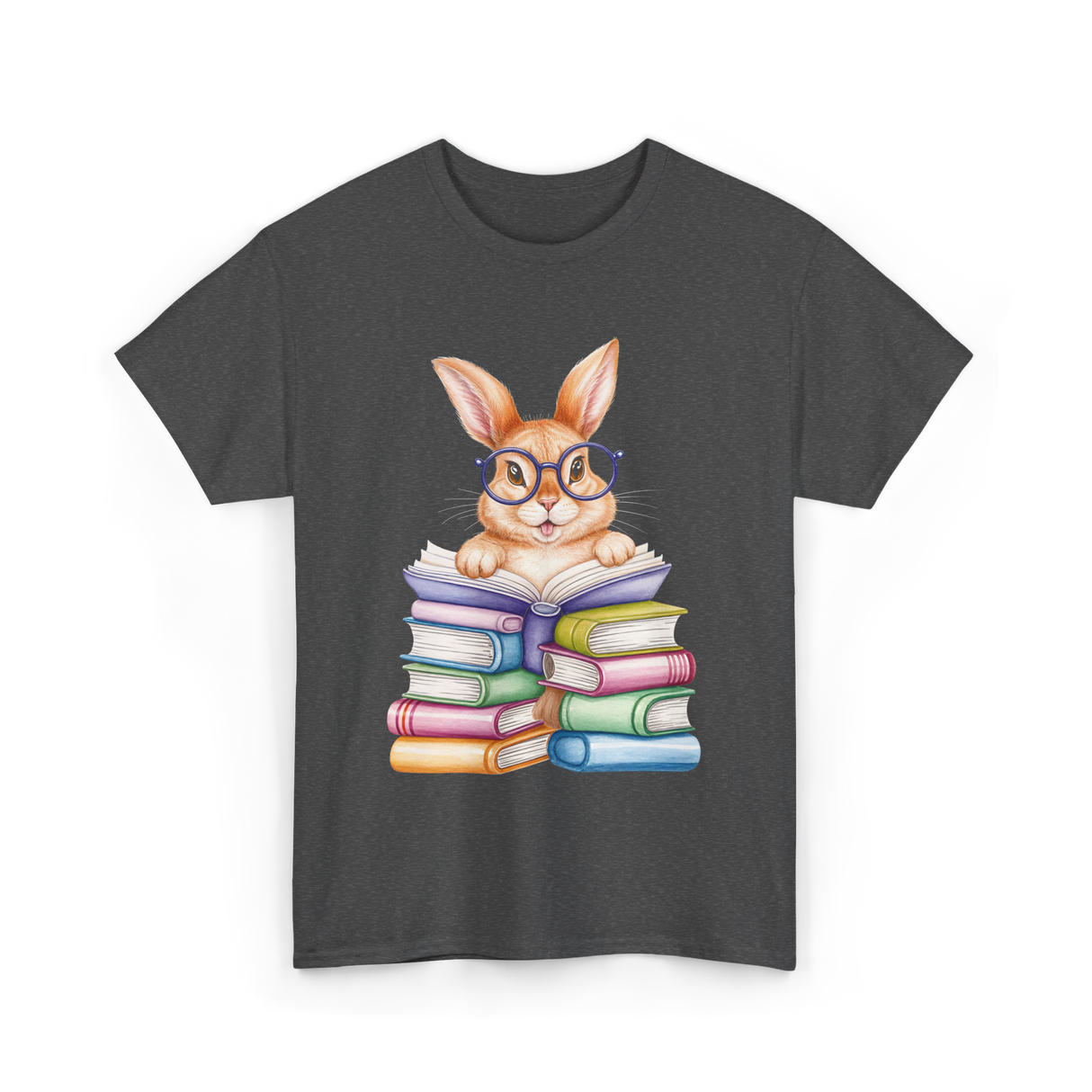 Cute Reading Bunny Reading Books T-Shirt - Dark Heather