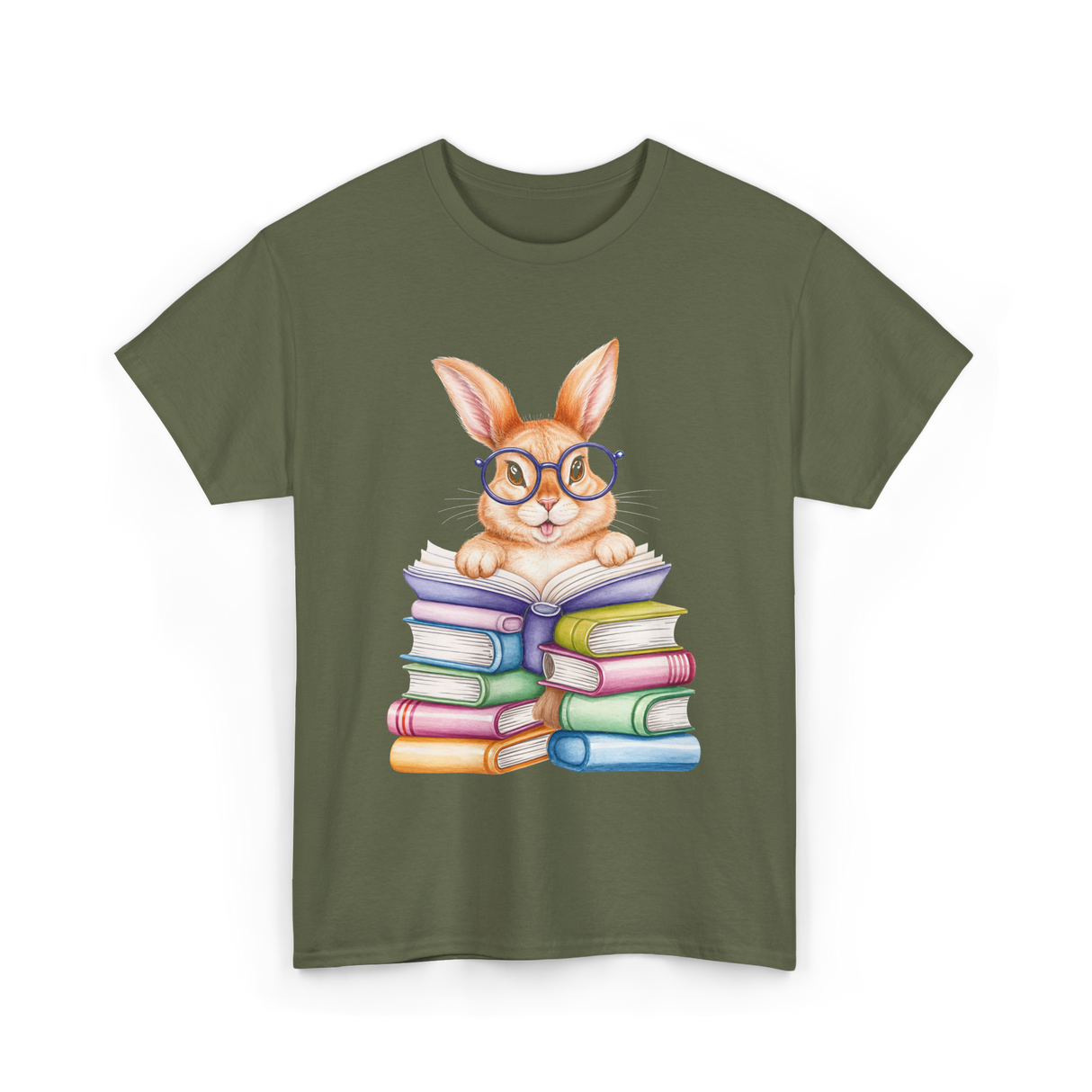 Cute Reading Bunny Reading Books T-Shirt - Military Green