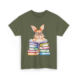 Cute Reading Bunny Reading Books T-Shirt - Military Green