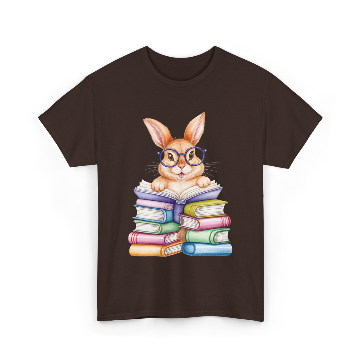 Cute Reading Bunny Reading Books T-Shirt - Dark Chocolate