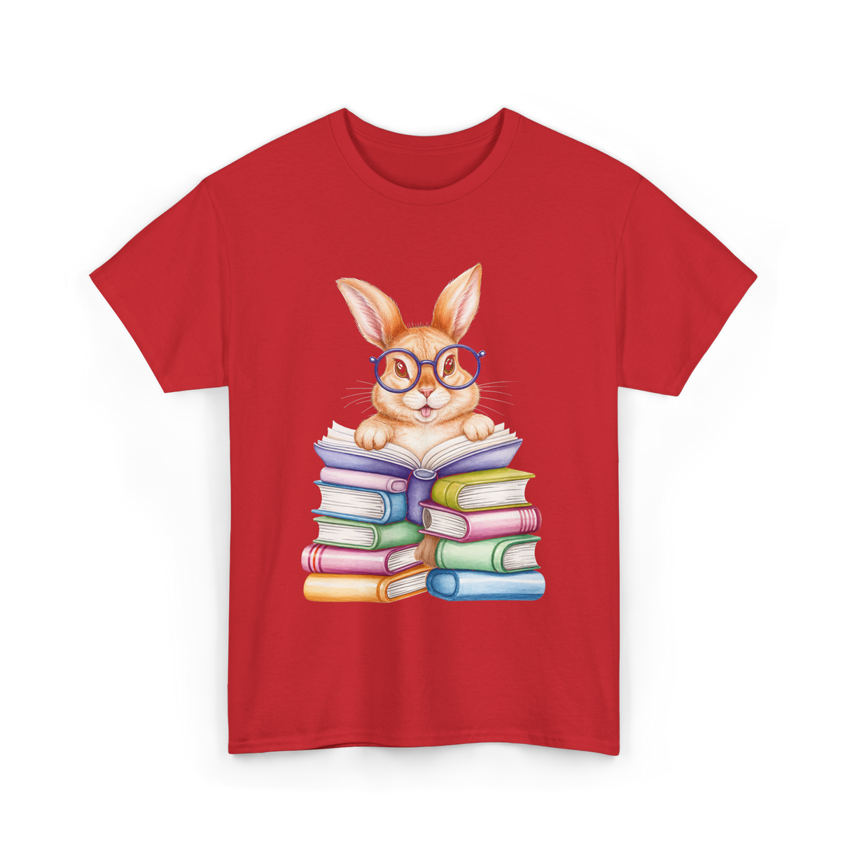 Cute Reading Bunny Reading Books T-Shirt - Red
