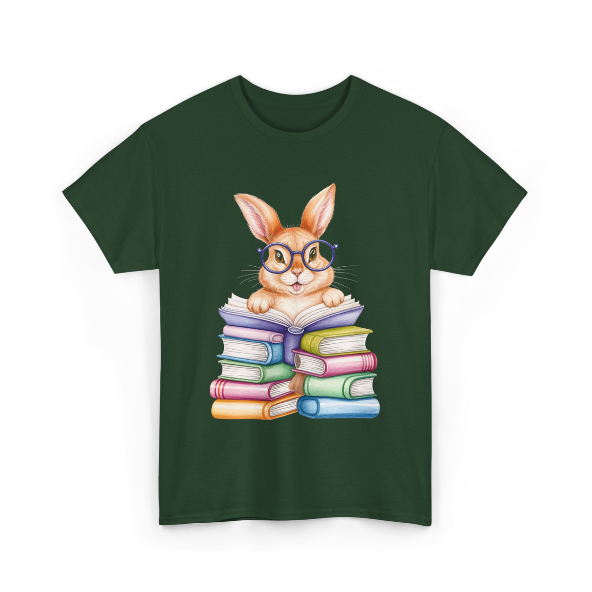 Cute Reading Bunny Reading Books T-Shirt - Forest Green