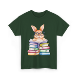 Cute Reading Bunny Reading Books T-Shirt - Forest Green