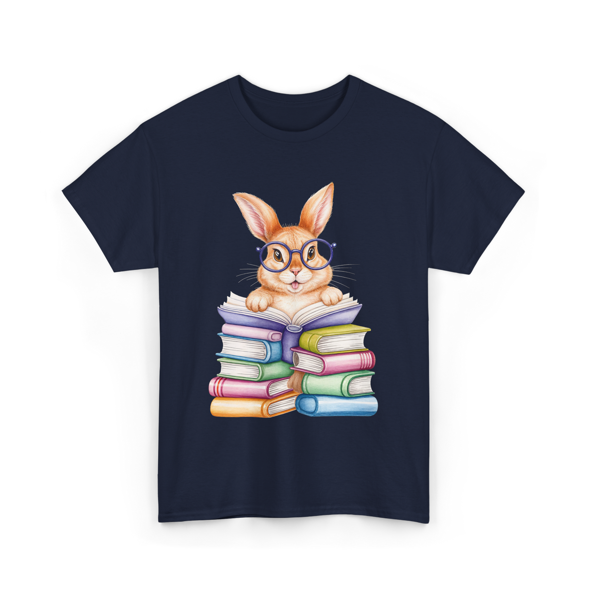 Cute Reading Bunny Reading Books T-Shirt - Navy