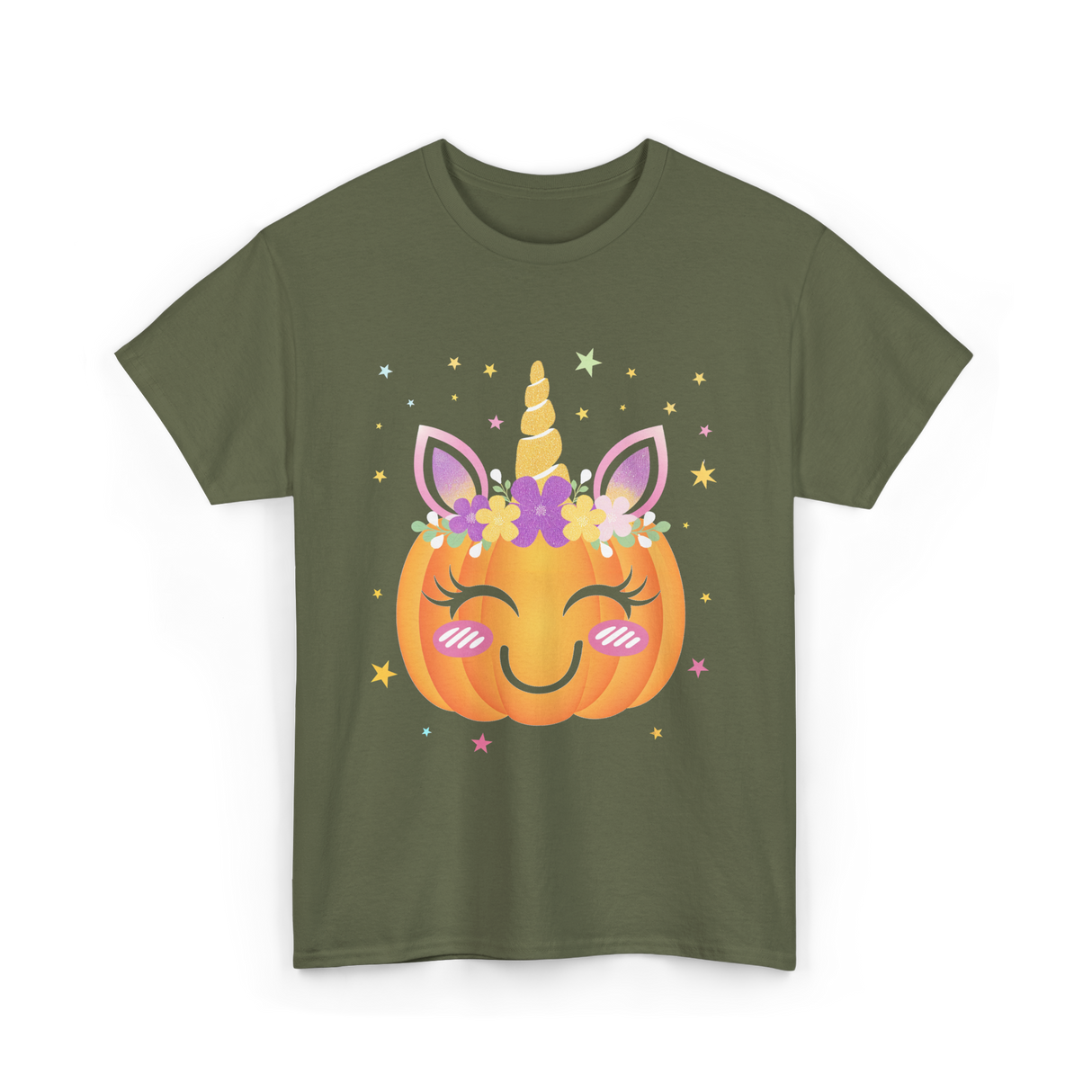 Cute Unicorn Pumpkin Kids Halloween T-Shirt - Military Green