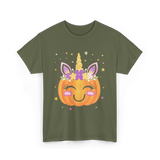 Cute Unicorn Pumpkin Kids Halloween T-Shirt - Military Green