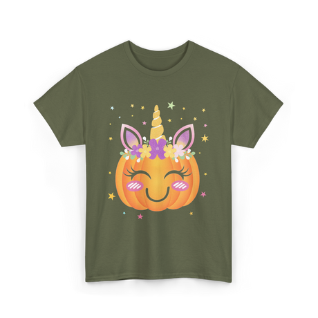 Cute Unicorn Pumpkin Kids Halloween T-Shirt - Military Green