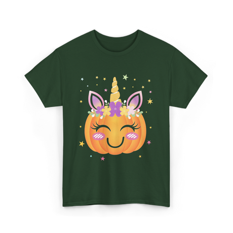 Cute Unicorn Pumpkin Kids Halloween T-Shirt - Forest Green