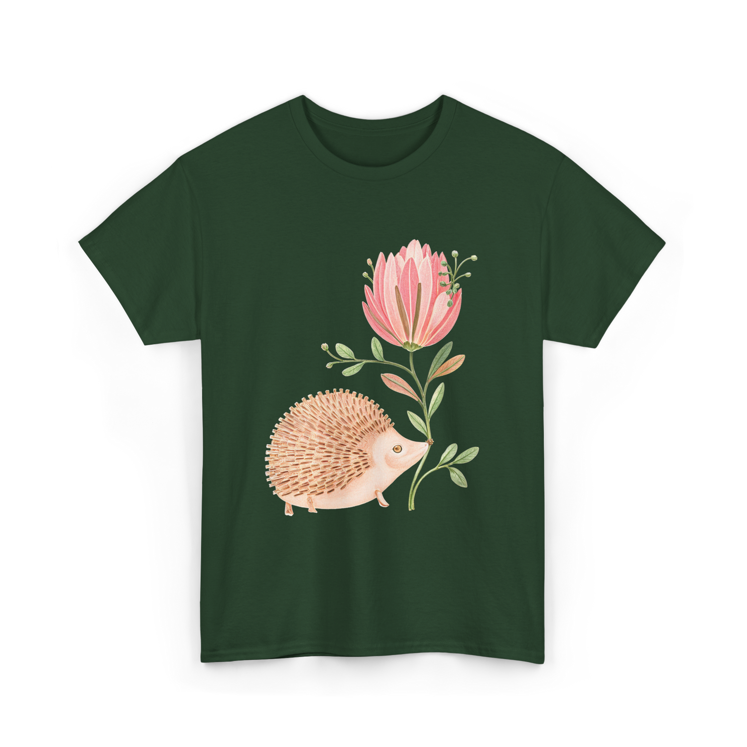 Cute Vintage Hedgehog Flower Art Hedgehog T-Shirt - Forest Green