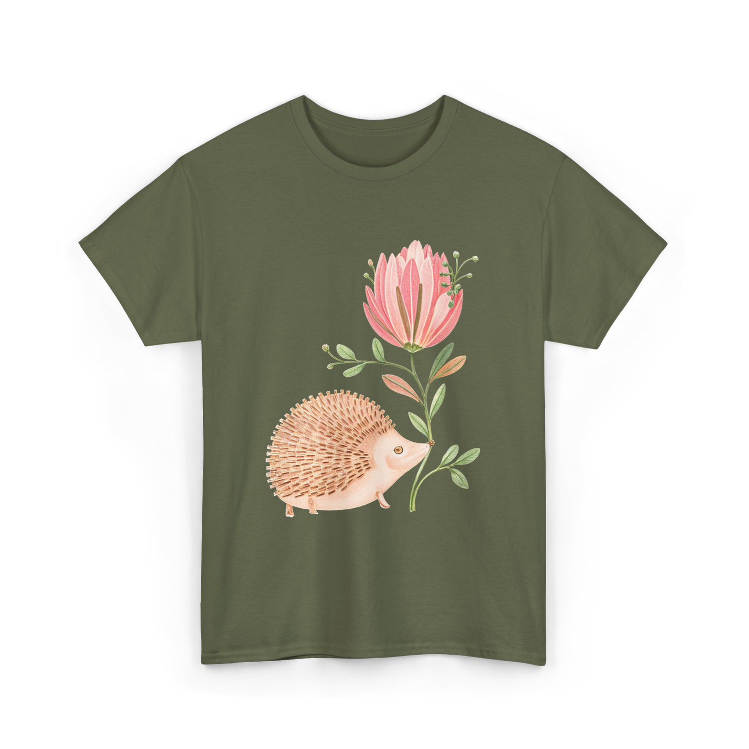 Cute Vintage Hedgehog Flower Art Hedgehog T-Shirt - Military Green