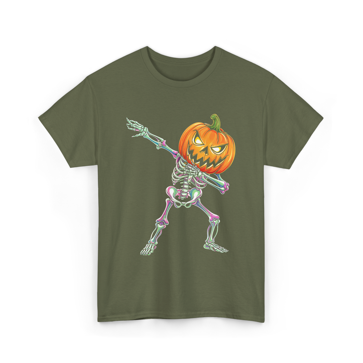 Dabbing Skeleton Pumpkin Halloween T-Shirt - Military Green