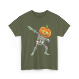 Dabbing Skeleton Pumpkin Halloween T-Shirt - Military Green