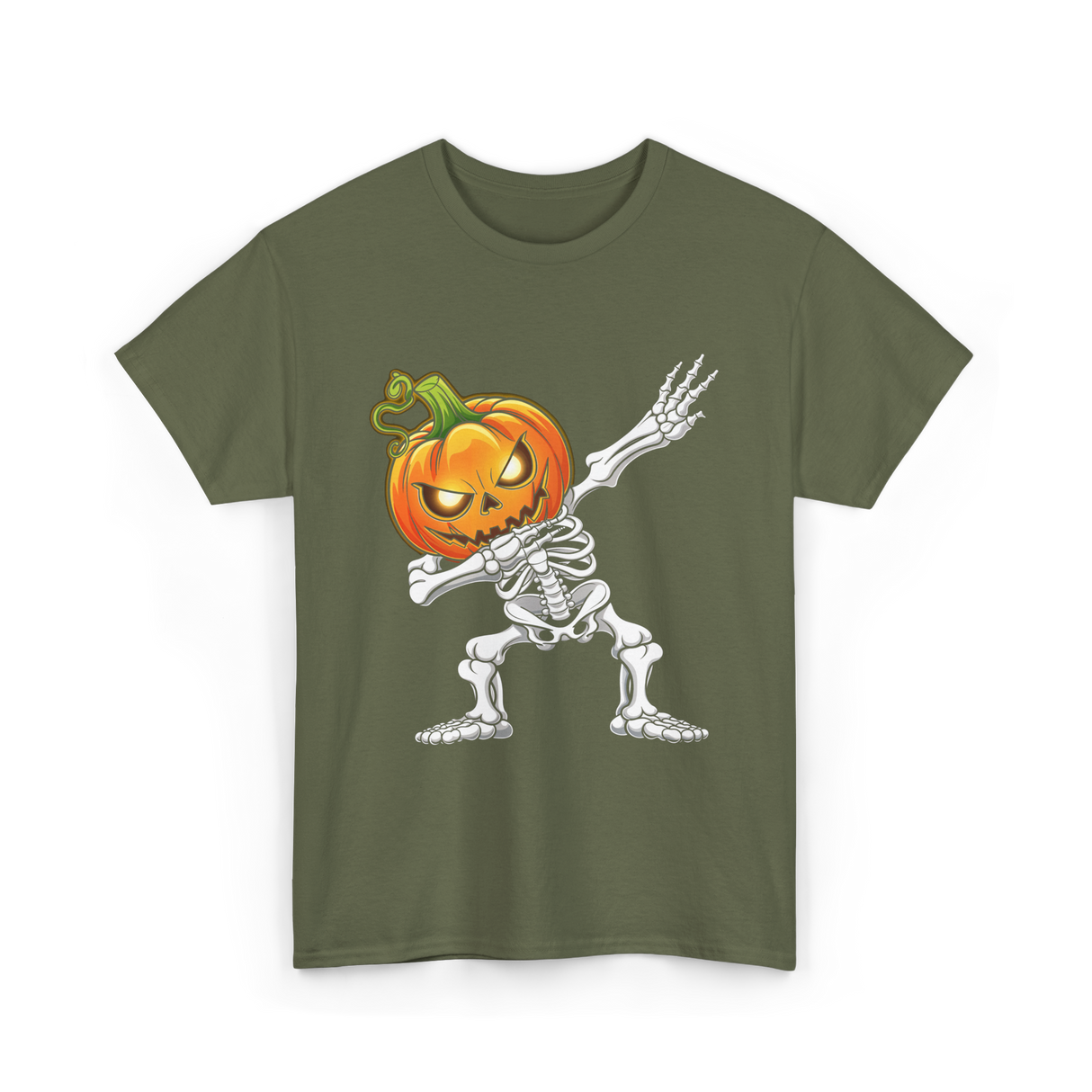 Dabbing Skeleton Pumpkin Halloween T-Shirt - Military Green