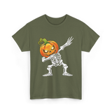 Dabbing Skeleton Pumpkin Halloween T-Shirt - Military Green