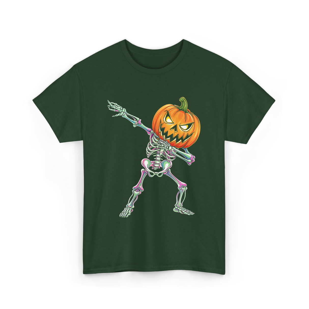 Dabbing Skeleton Pumpkin Halloween T-Shirt - Forest Green