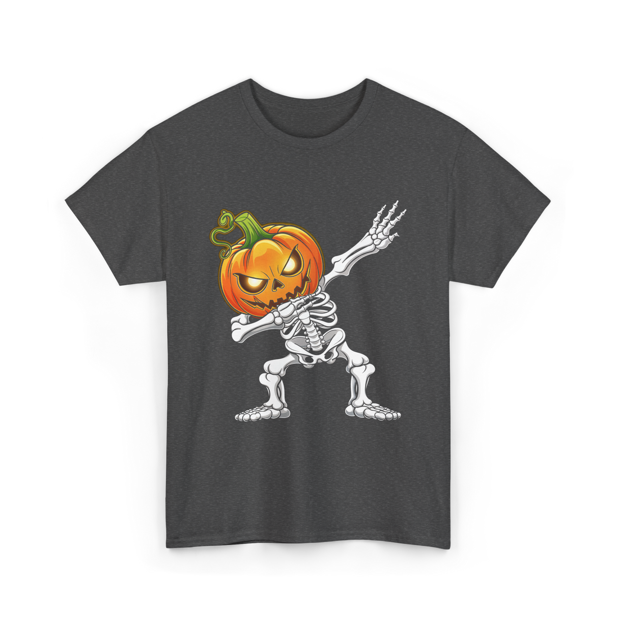 Dabbing Skeleton Pumpkin Halloween T-Shirt - Dark Heather