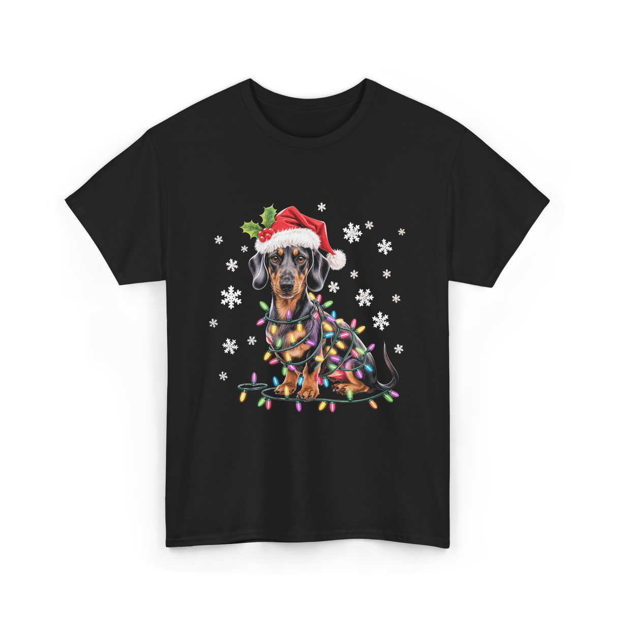 Dachshund Dog Christmas Lights Holiday T-Shirt - Black