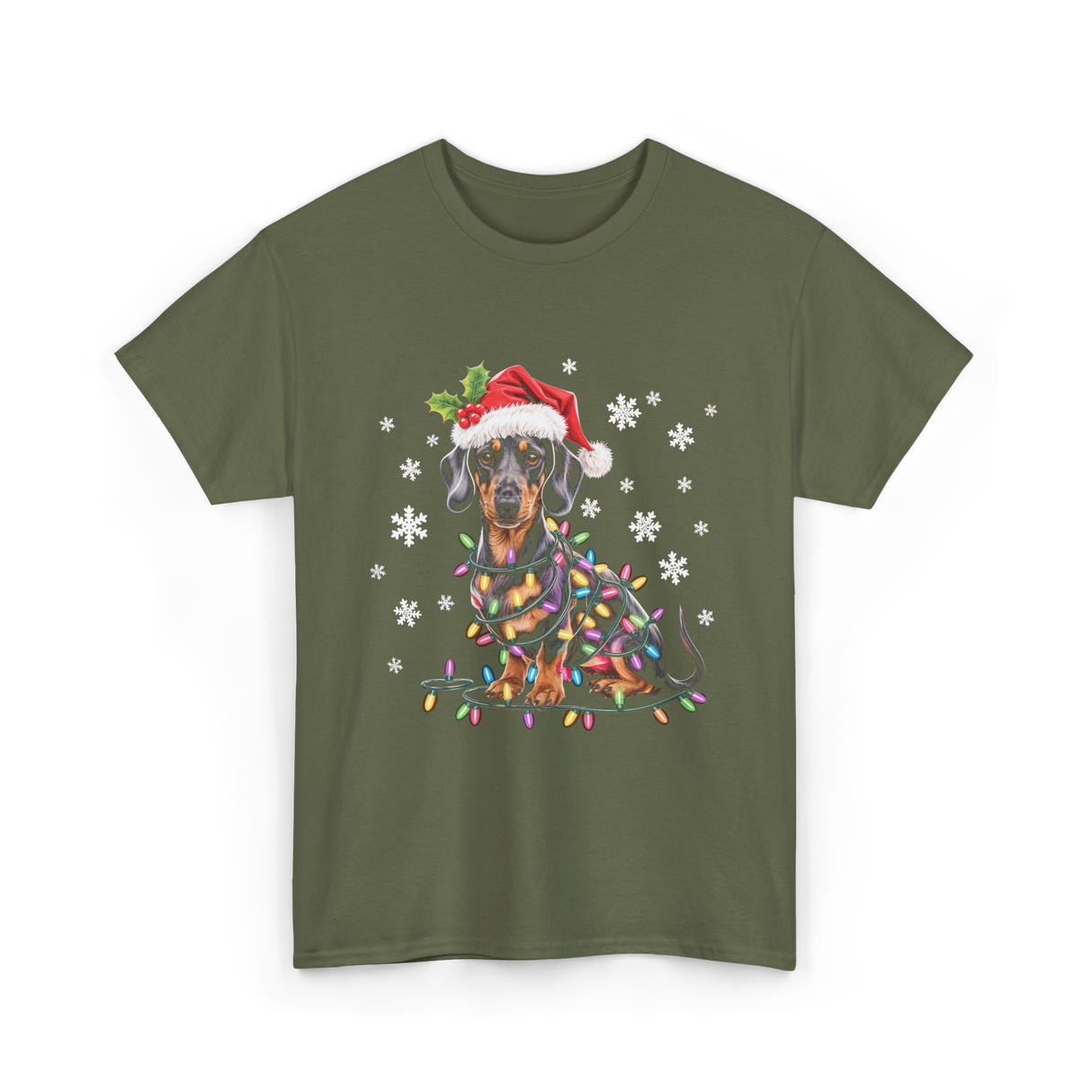 Dachshund Dog Christmas Lights Holiday T-Shirt - Military Green