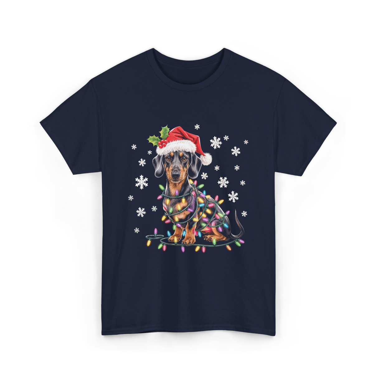 Dachshund Dog Christmas Lights Holiday T-Shirt - Navy