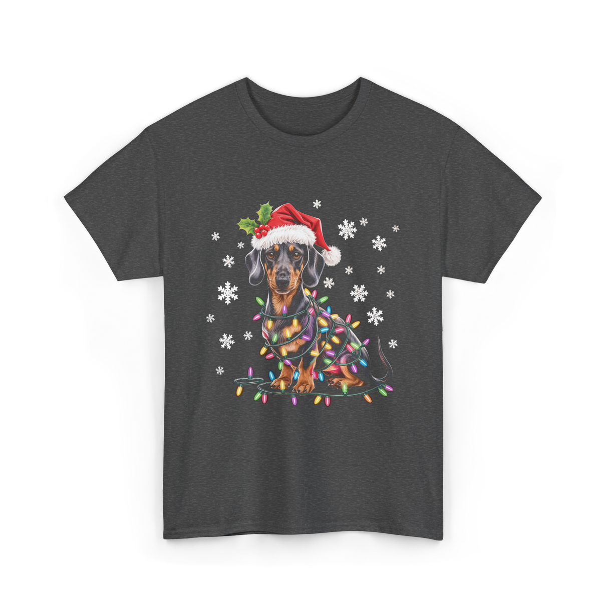 Dachshund Dog Christmas Lights Holiday T-Shirt - Dark Heather