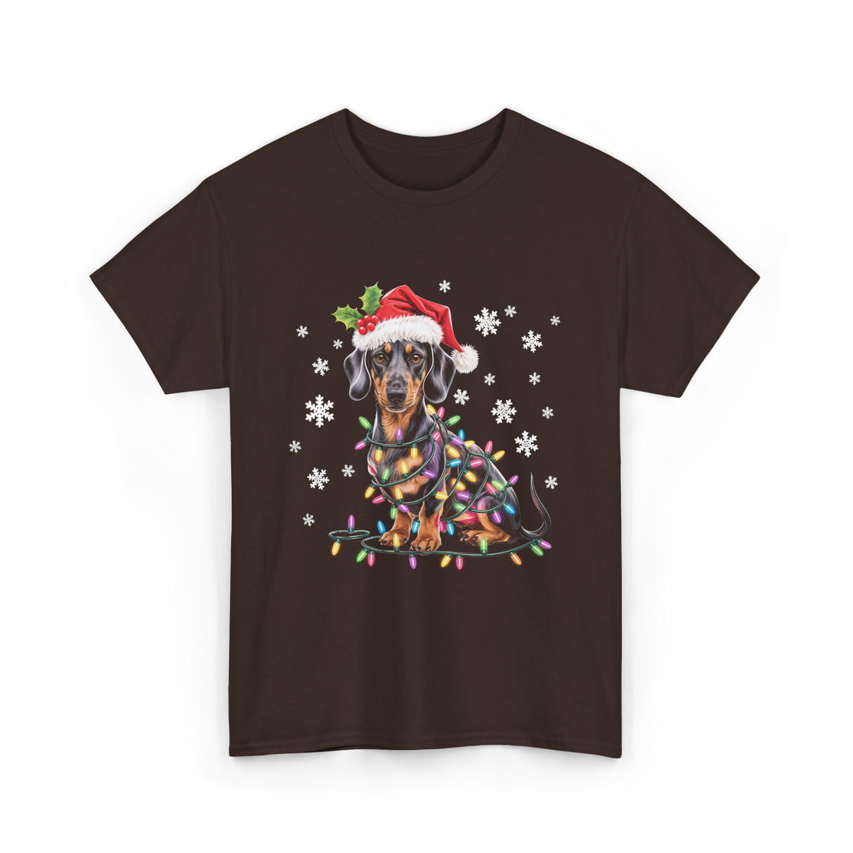 Dachshund Dog Christmas Lights Holiday T-Shirt - Dark Chocolate