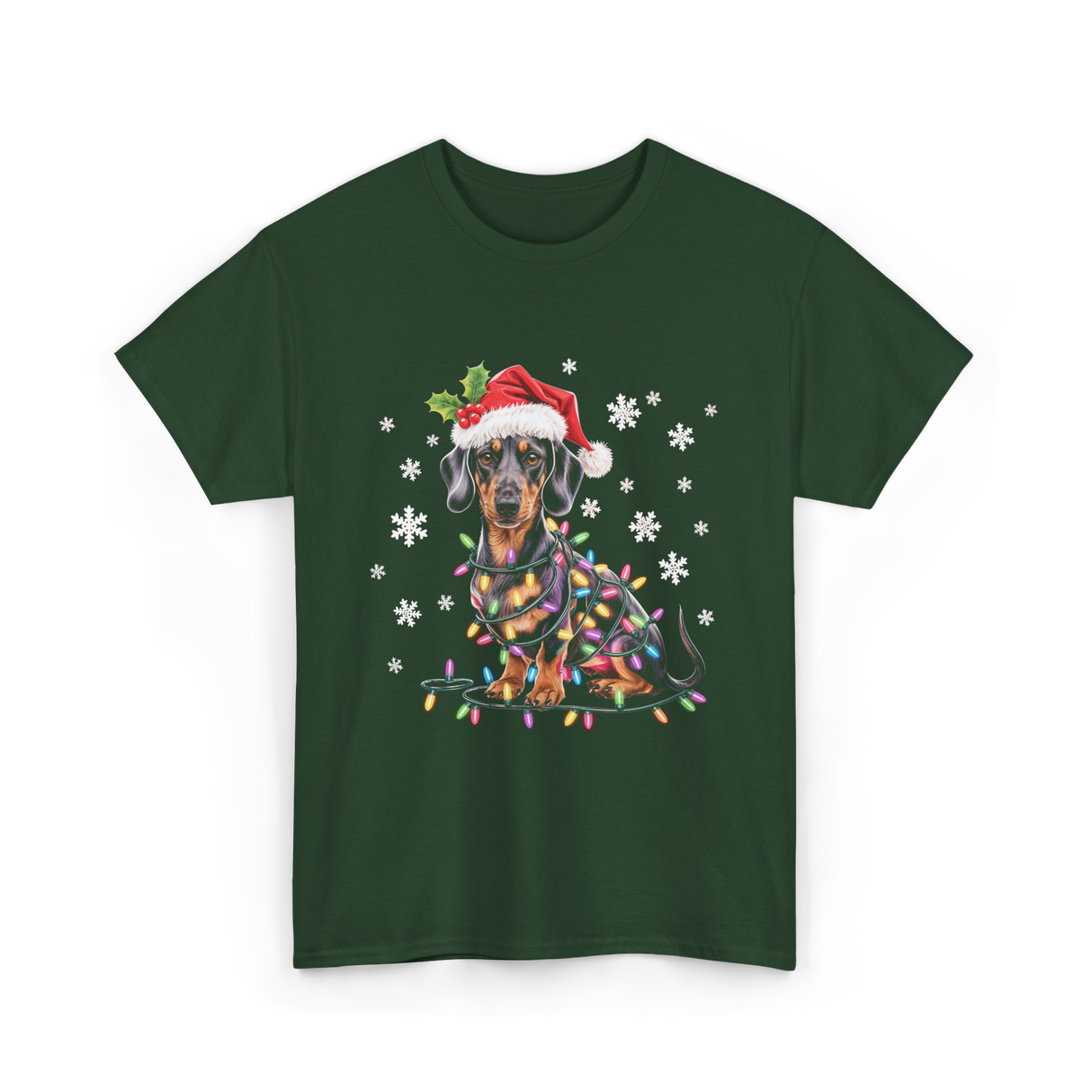 Dachshund Dog Christmas Lights Holiday T-Shirt - Forest Green