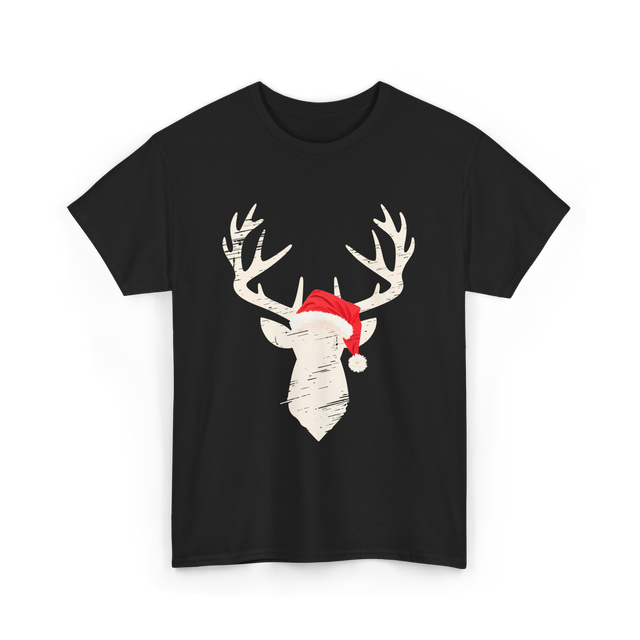 Deer With Santa Hat Christmas Hunting T-Shirt - Black