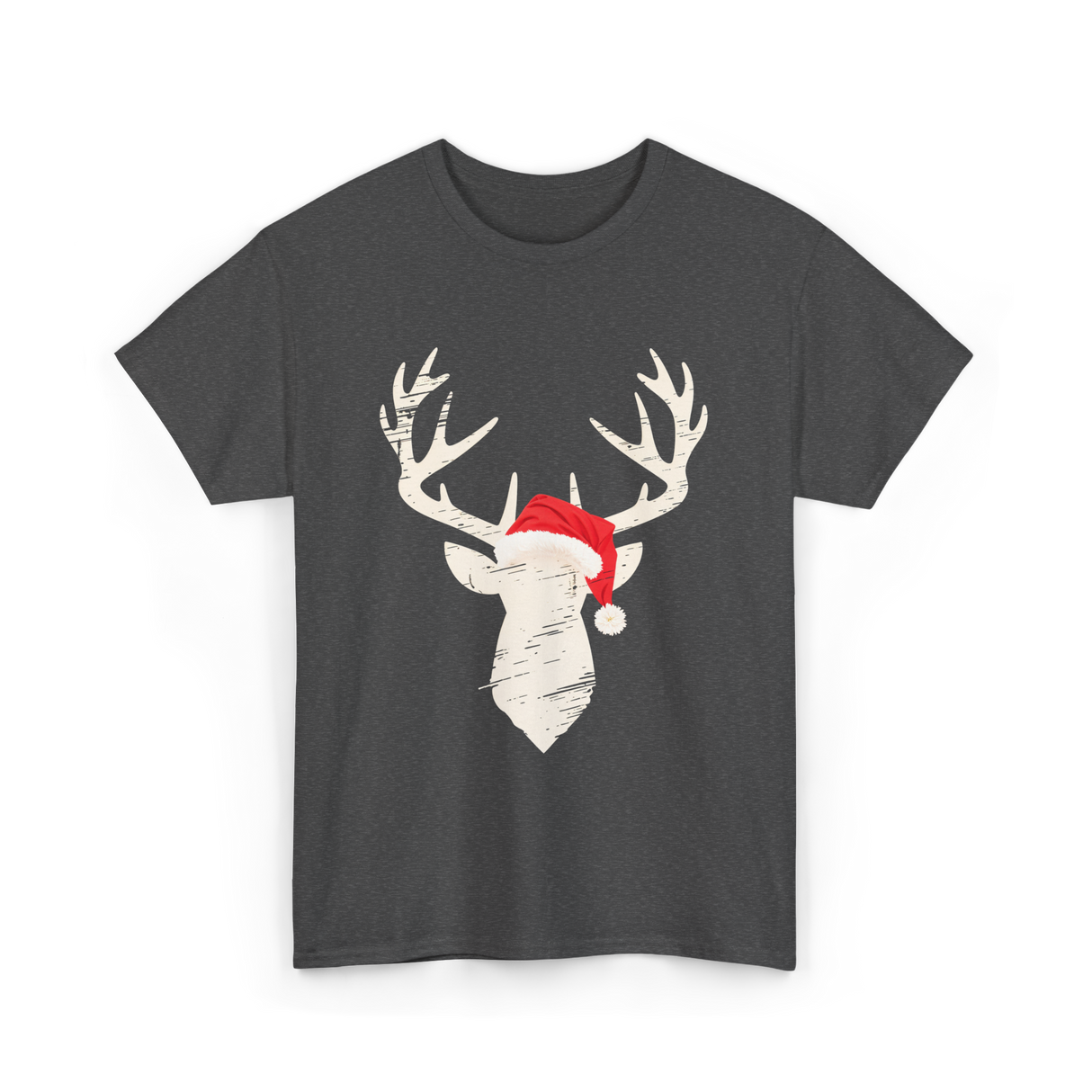 Deer With Santa Hat Christmas Hunting T-Shirt - Dark Heather