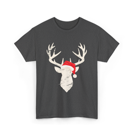 Deer With Santa Hat Christmas Hunting T-Shirt - Dark Heather