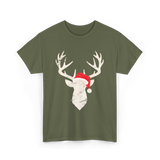 Deer With Santa Hat Christmas Hunting T-Shirt - Military Green