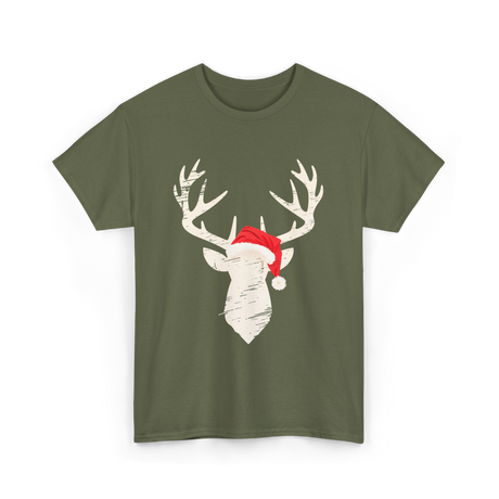 Deer With Santa Hat Christmas Hunting T-Shirt - Military Green