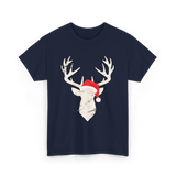 Deer With Santa Hat Christmas Hunting T-Shirt - Navy