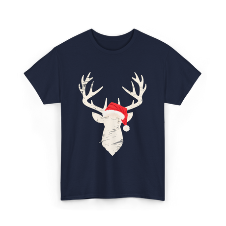 Deer With Santa Hat Christmas Hunting T-Shirt - Navy