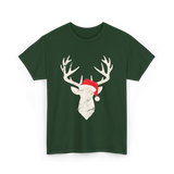 Deer With Santa Hat Christmas Hunting T-Shirt - Forest Green