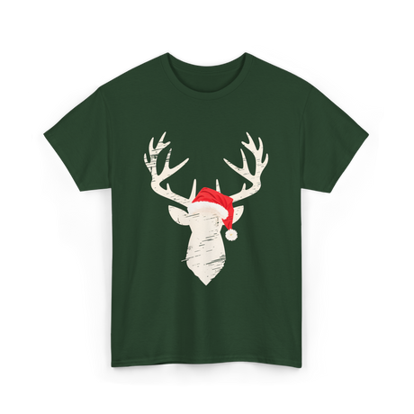 Deer With Santa Hat Christmas Hunting T-Shirt - Forest Green