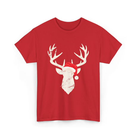 Deer With Santa Hat Christmas Hunting T-Shirt - Red