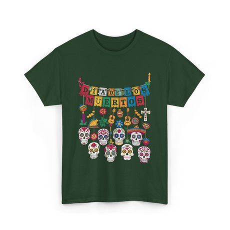 Dia De Los Muertos Celebration Art T-Shirt - Forest Green