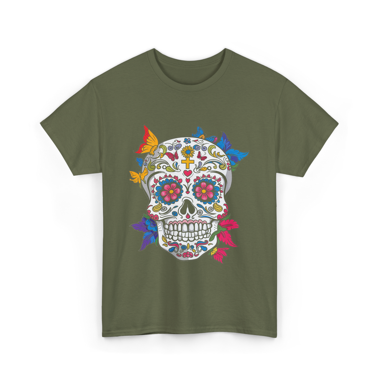 Dia de Los Muertos Sugar Skull T-Shirt - Military Green