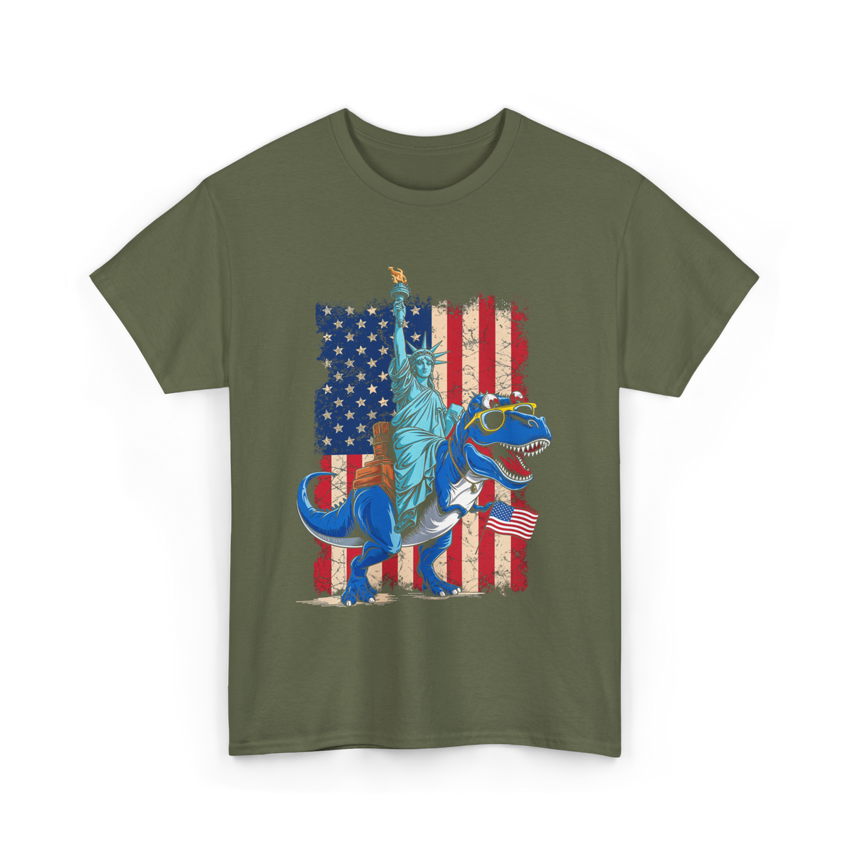 Dino Statue of Liberty Dinosaur T-Shirt - Military Green