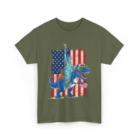 Dino Statue of Liberty Dinosaur T-Shirt - Military Green