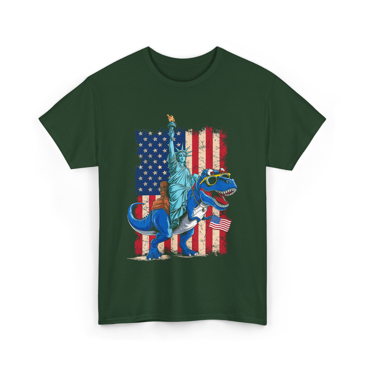 Dino Statue of Liberty Dinosaur T-Shirt - Forest Green