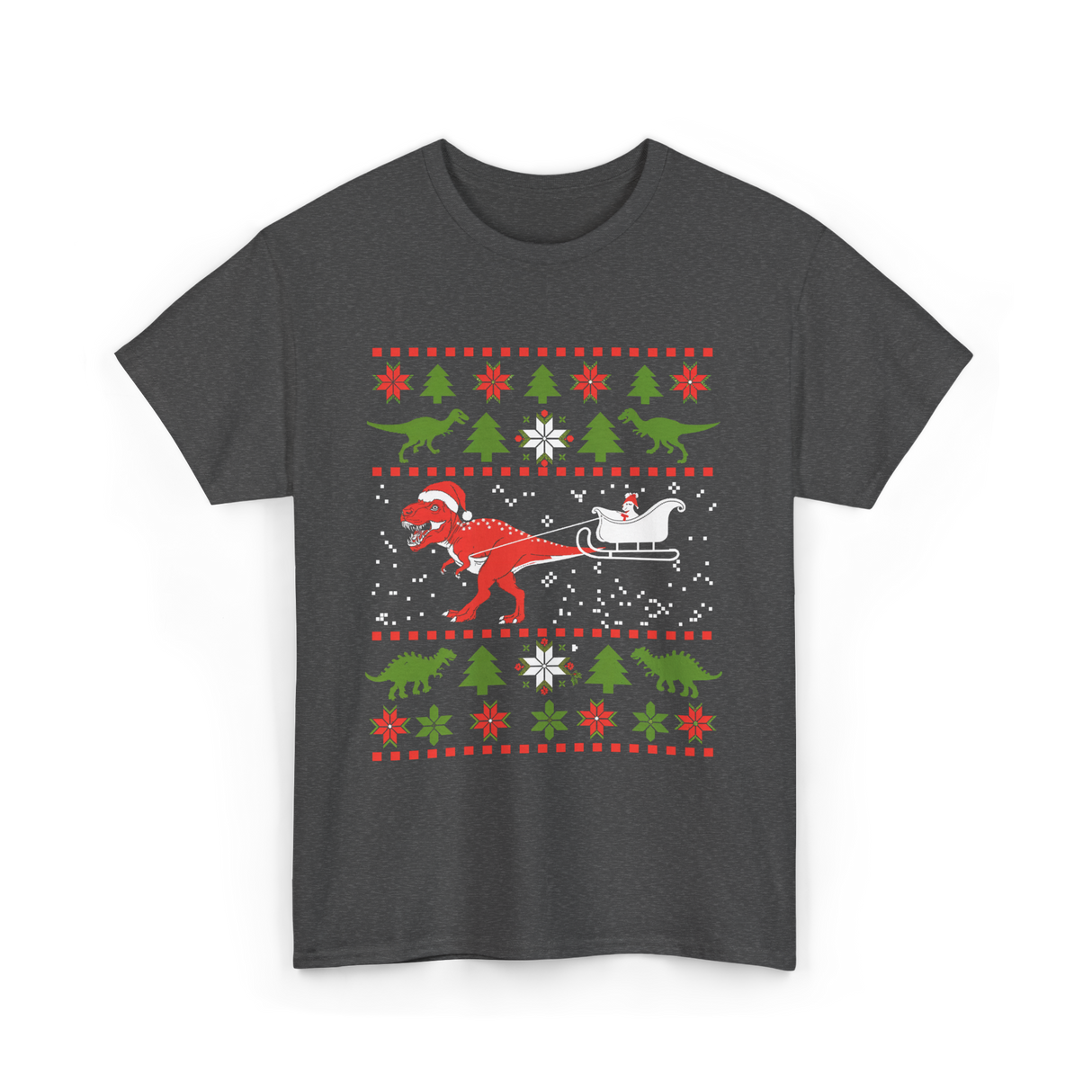 Dinosaur Christmas Sweater Dino T-Shirt - Dark Heather